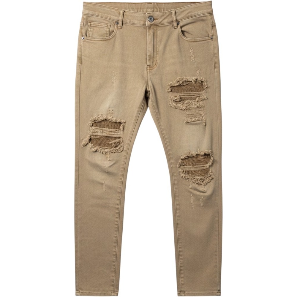 Grinhouse Denim Co Men's Distressed Tan Jeans Size 36 Slim Fit Ripped Moto Style